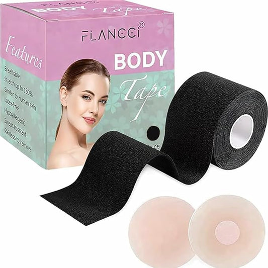 Boobytape for Breast Lift Plus Size, Boob Tape Breasts Lift Tape for Women, Invisible Adhesive Bra, Backless Bras for Women Bob Tape for Large Breasts, Body Tape with 2 pcs Nipple Covers (2” / Black)