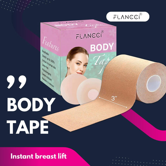 Boobytape for Breast Lift Plus Size Black with 2 pcs Nipple Covers (3” / Beige) - FLANCCI