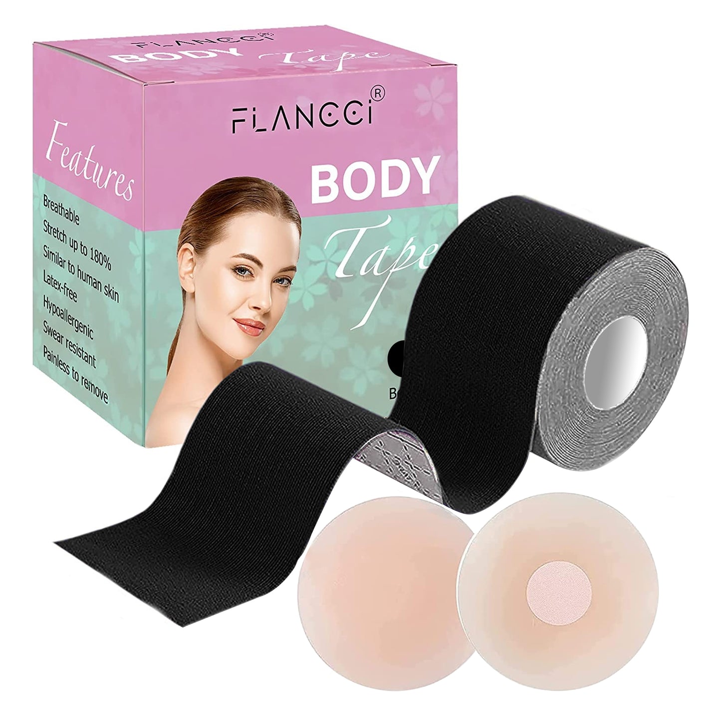 Boobytape for Breast Lift Plus Size Black with 2 pcs Nipple Covers (2” / Black) - FLANCCI