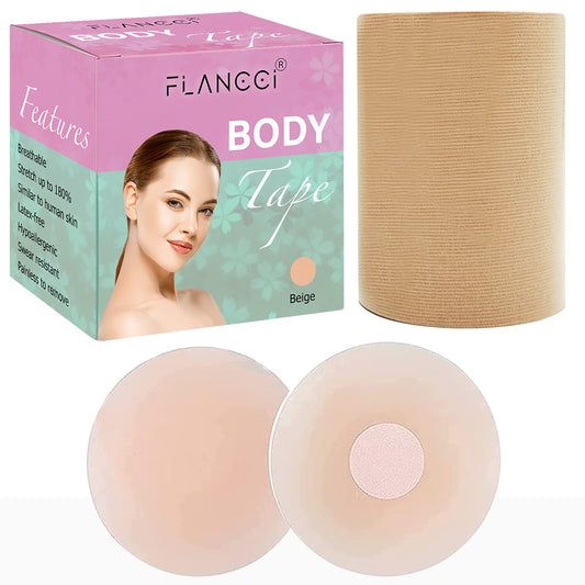 Boobytape for Breast Lift Plus Size Black with 2 pcs Nipple Covers (4” / Beige) - FLANCCI