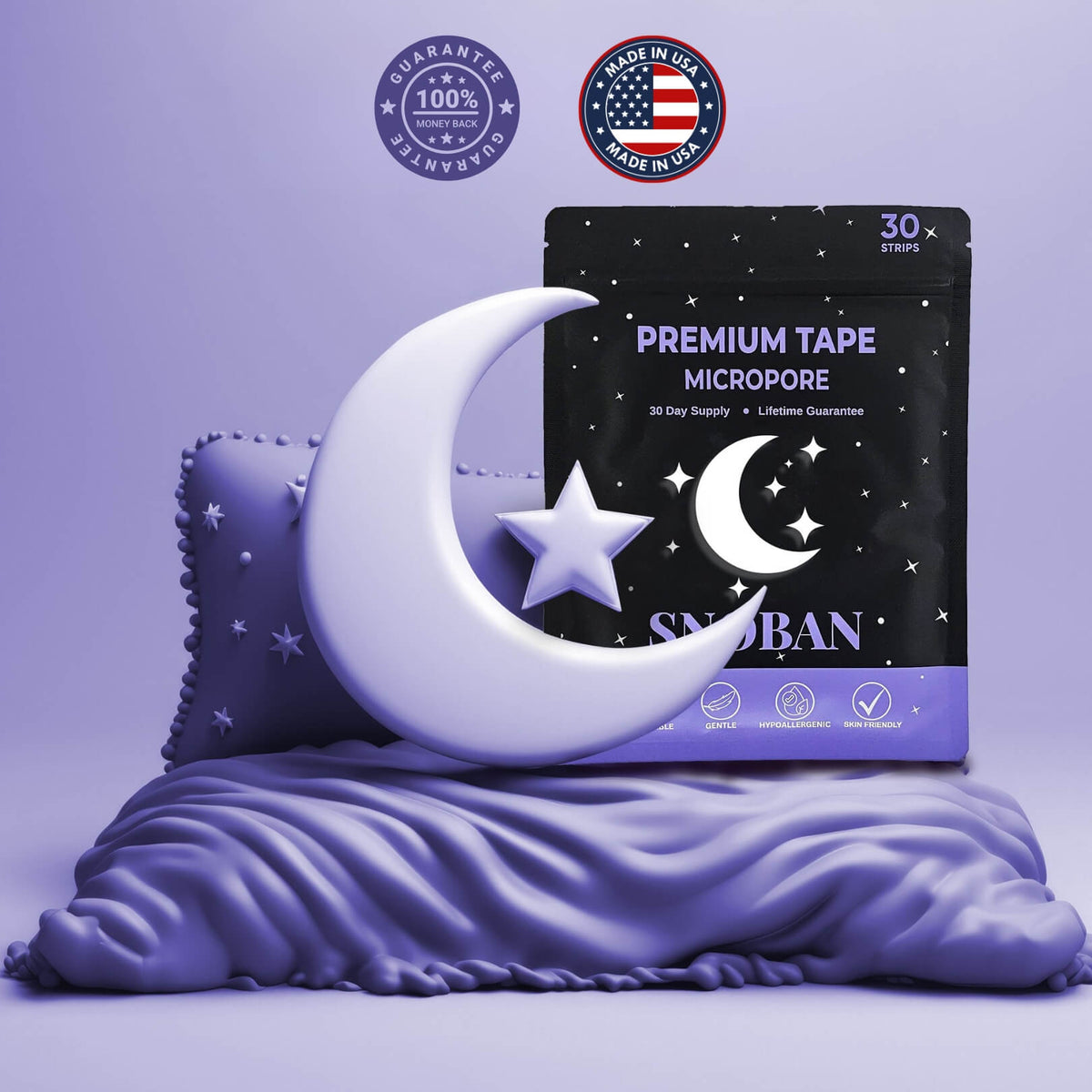 SNOBAN Premium Mouth Tape Strips for Sleeping – Hypoallergenic Micropore Sleep Tape for Better Nasal Breathing, Soft & Gentle Adhesive, 30 Strips
