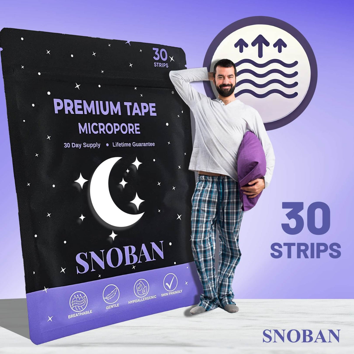 SNOBAN Premium Mouth Tape Strips for Sleeping – Hypoallergenic Micropore Sleep Tape for Better Nasal Breathing, Soft & Gentle Adhesive, 30 Strips