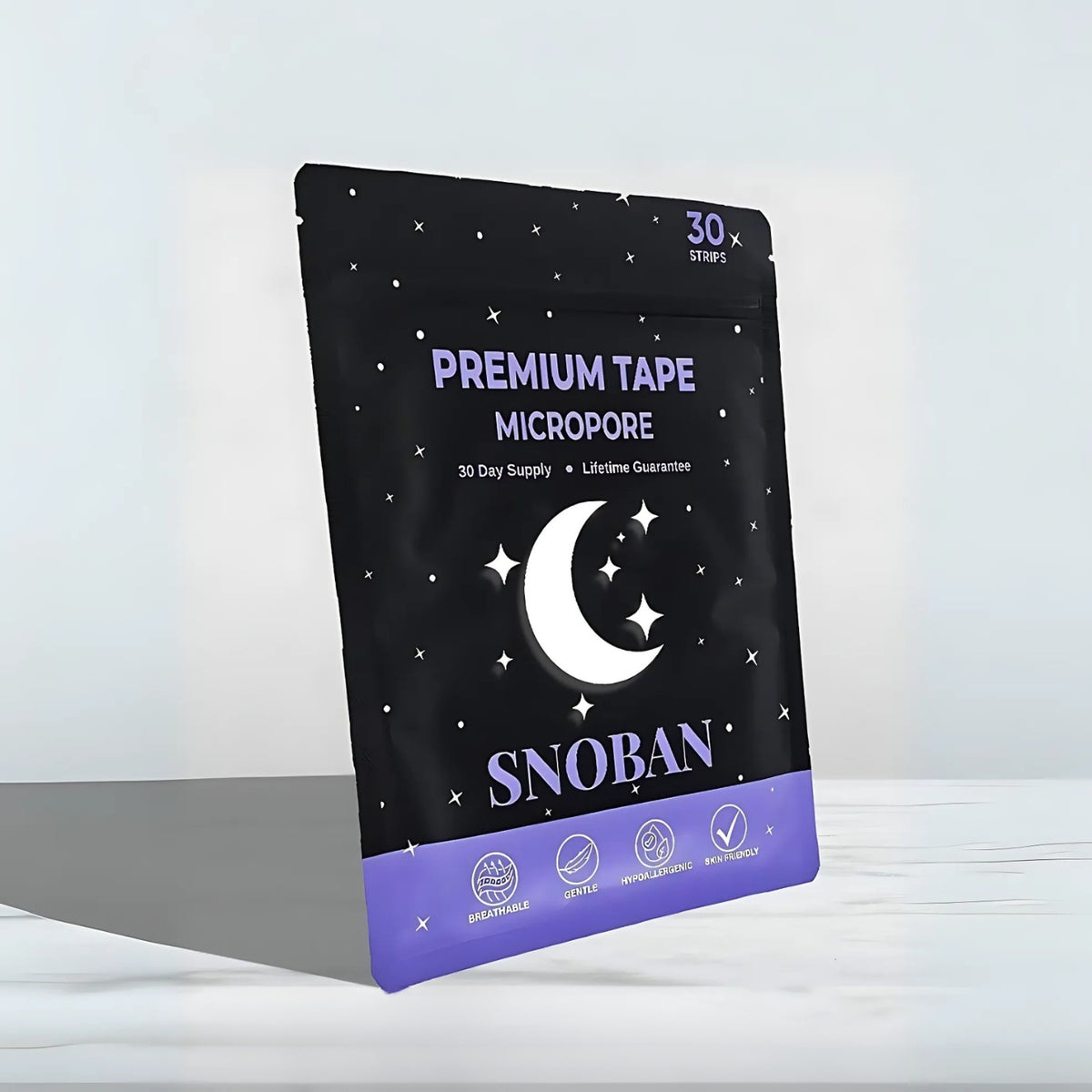 SNOBAN Premium Mouth Tape Strips for Sleeping – Hypoallergenic Micropore Sleep Tape for Better Nasal Breathing, Soft & Gentle Adhesive, 30 Strips