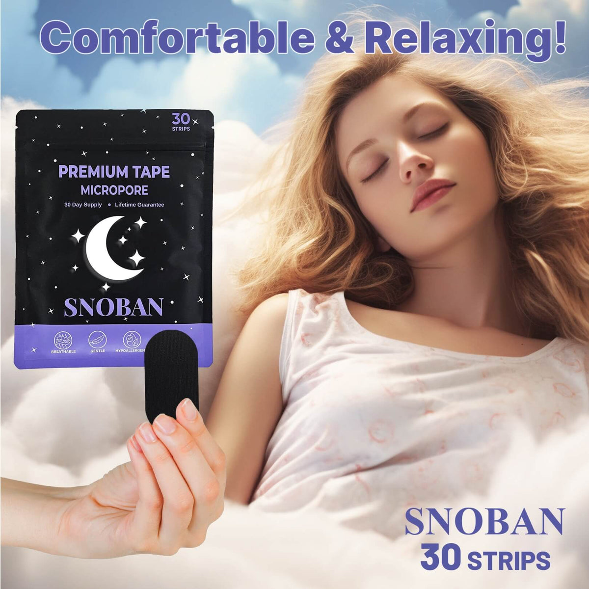 SNOBAN Premium Mouth Tape Strips for Sleeping – Hypoallergenic Micropore Sleep Tape for Better Nasal Breathing, Soft & Gentle Adhesive, 30 Strips