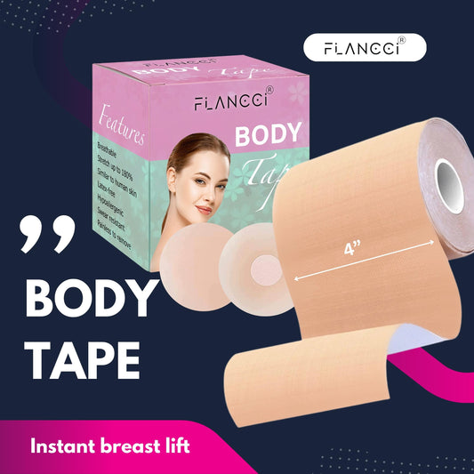 Boobytape for Breast Lift Plus Size Black with 2 pcs Nipple Covers (4” / Beige) - FLANCCI