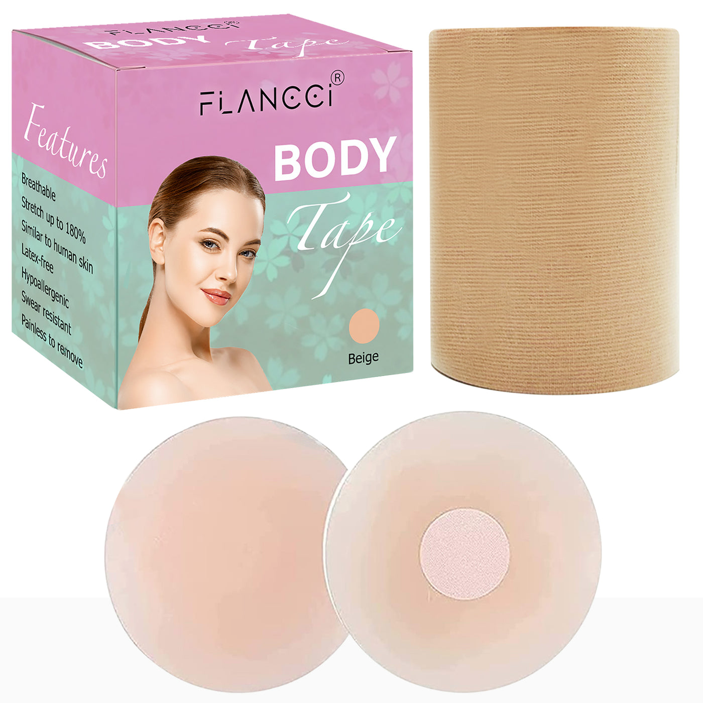 Boobytape for Breast Lift Plus Size Black with 2 pcs Nipple Covers (3” / Beige) - FLANCCI