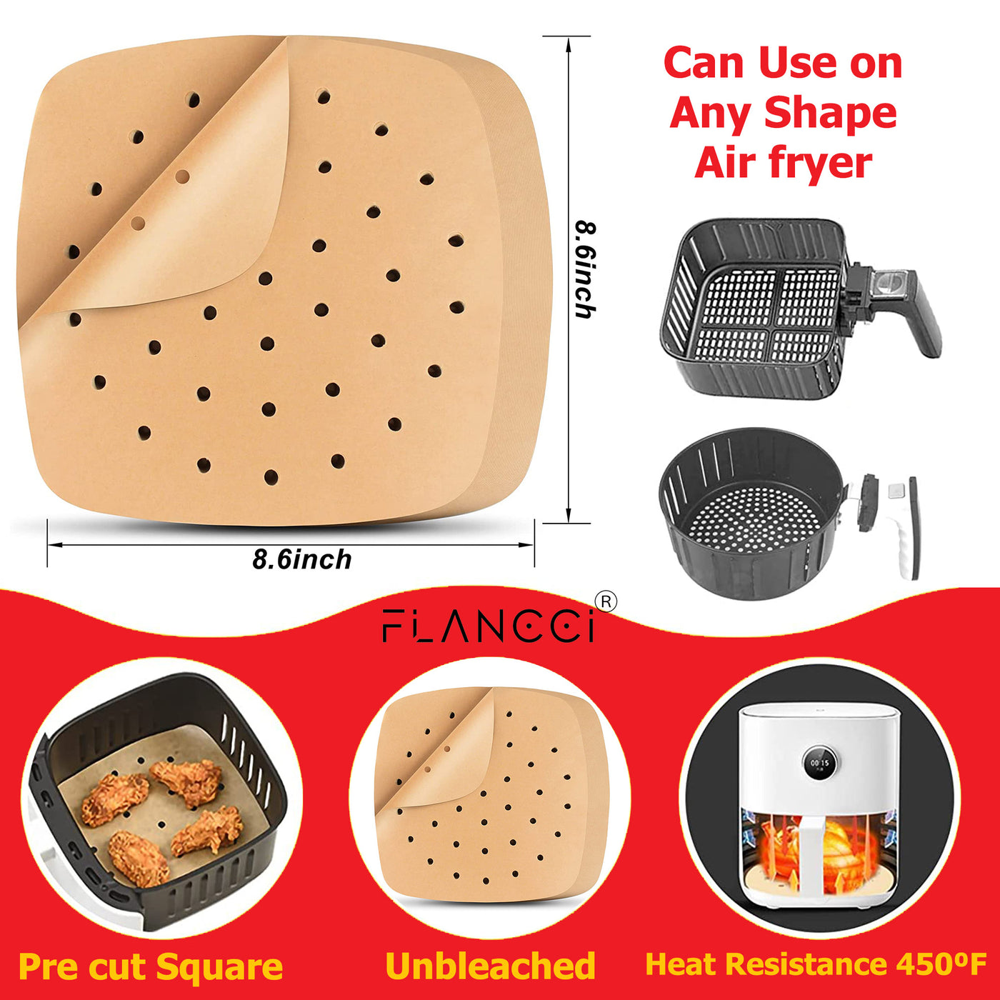Air Fryer Liners Square Parchment Paper, Set of 100, 8.5 Inches Square, Air Fryer Accessories Disposable Paper Liner, Oven Liners for Bottom of Oven