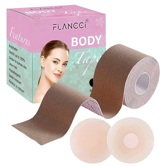 Boobytape for Breast Lift Plus Size Black with 2 pcs Nipple Covers (2” / Brown) - FLANCCI
